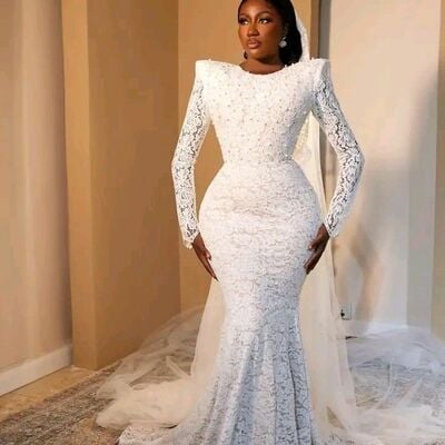 Elegant wedding dress, mermaid long sleeve lace african girls bridal dress bridal gown - Thumbnail 2