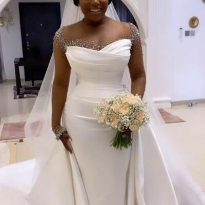 Elegant wedding dress, mermaid long sleeve beading crystals african girls bridal dress bridal gown - Thumbnail 2