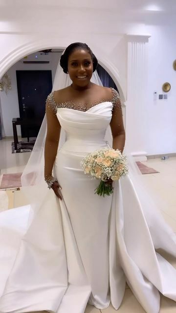 Elegant Wedding Dress, Mermaid Long Sleeve Beading Crystals African Girls Bridal Dress Bridal Gown