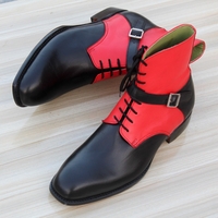 Crafted Leather Handmade Men Black Red Leather Strap Ankle High Boot - Thumbnail 2