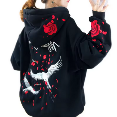 Crane and rose embroidered hoodie - Thumbnail 2