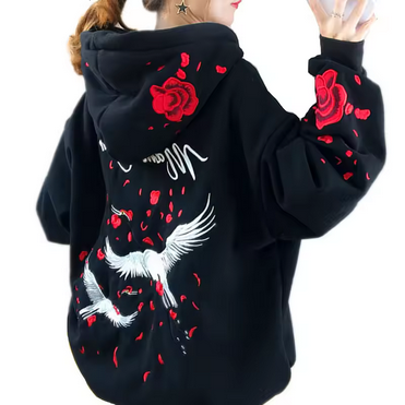 Crane and Rose Embroidered Hoodie