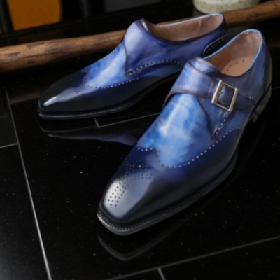 Crafted leather men classic wingtip monk strap dress shoes in navy and blue patina 