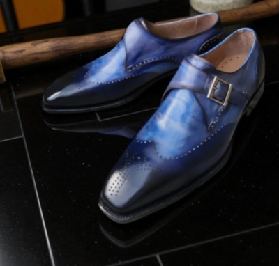 Crafted Leather Men Classic Wingtip Monk Strap Dress Shoes in Navy and Blue Patina 