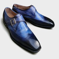 Crafted Leather Men Classic Wingtip Monk Strap Dress Shoes in Navy and Blue Patina  - Thumbnail 2