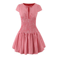 Red plaid dress with waist and flower bud skirt and small flying sleeves - Thumbnail 2