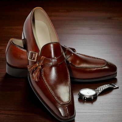 Crafted leather men classic brown patina leather split toe dress shoes