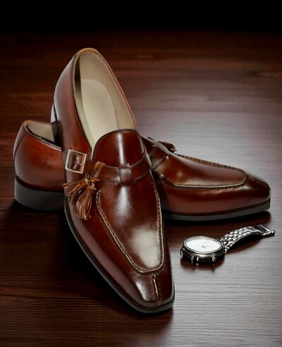 Crafted Leather Men Classic Brown Patina Leather Split Toe Dress Shoes