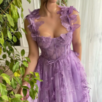Elegant Lace & Tulle Spaghetti Strap Evening Gown with Slit - Thumbnail 6