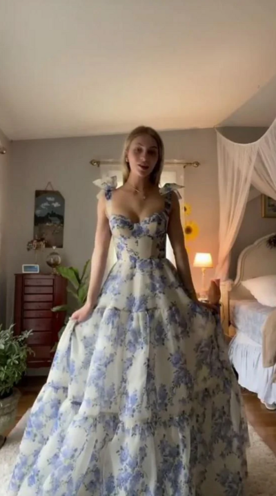 Beautiful Floral Print A Line Chiffon Long Prom Dresses 