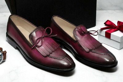 Crafted Leather Classic Men Purple Patina Leather Tassel Loafers Dress Shoes