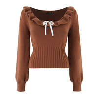Lace collarbone exposed round neck ribbon bow knitted sweater - Thumbnail 3