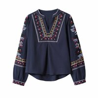 V-neck heavily embroidered shirt with printed embroidery and long sleeves - Thumbnail 4