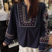 V-neck heavily embroidered shirt with printed embroidery and long sleeves - Thumbnail 7