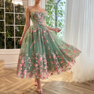 Elegant off shoulder green lace and tulle evening dress