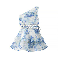 Fashionable sexy hot girl one-shoulder waist hollow floral dress - Thumbnail 1