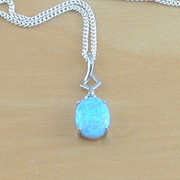 BOXED GIFT SET/925 Blue Opal Pendant & 18" Silver Chain/Blue Opal Necklace/Blue Opal Jewelry/Opal Jewellery/Opal Jewelery/October Birthstone/UK - Thumbnail 1