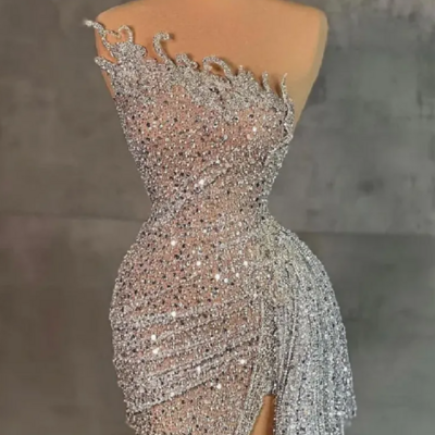 Custom made silver sequined pleated prom dresses cocktail dresses - Thumbnail 2