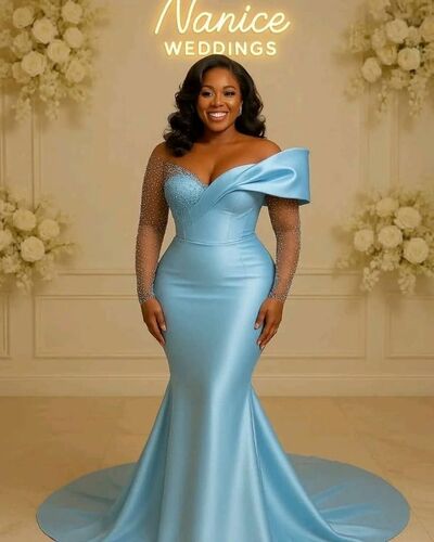 Elegant Blue Mermaid Beading Crystals Afrcian Girls Prom Dresses Evening Gowns Formal Party Gowns