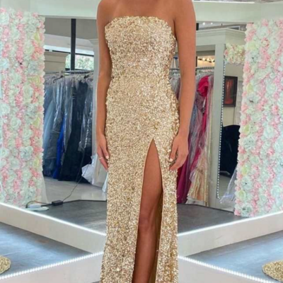Strapless gold sequin backless mermaid prom dresses - Thumbnail 1