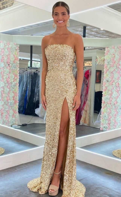 Strapless Gold Sequin Backless Mermaid Prom Dresses