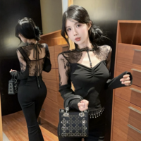 Elegant Gothic Black Lace-Up Long Sleeve Top  - Thumbnail 6