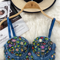 Colorful Rhinestone Denim Spaghetti Strap Corset Top - Thumbnail 6