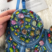 Colorful Rhinestone Denim Spaghetti Strap Corset Top - Thumbnail 8
