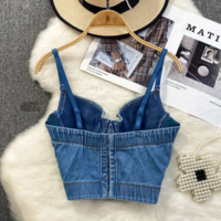 Spaghetti Strap Push-Up Rhinestone Ripped Denim Bustier Top - Thumbnail 7