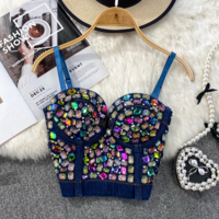 Colorful Rhinestone Denim Spaghetti Strap Corset Top - Thumbnail 4