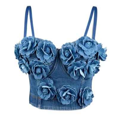 High-End Denim Bustier Crop Top with 3D Flower Appliqués