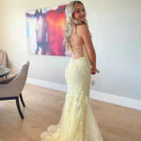 Elegant Straps Yellow Backless Lace Prom Dresses - Thumbnail 1