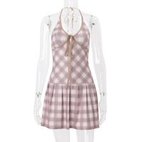 V-neck halter dress with contrasting plaid print - Thumbnail 3