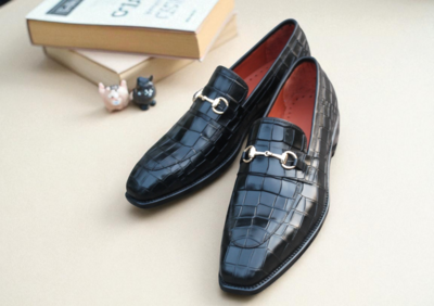 Crafted Leather Handmade Classic Black Crocodile/Alligator Leather Moccasin Loafers Dress Shoes