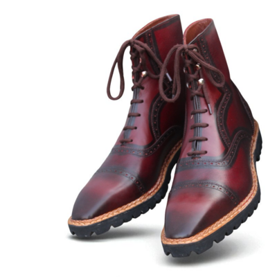 Crafted leather handmade burgundy leather ankle high lace up boot
