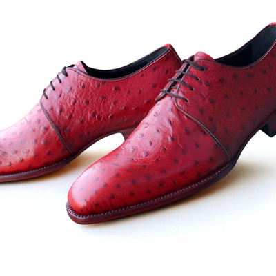 Crafted leather handmade men classic red ostrich leather lace up dress shoes