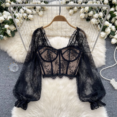 Elegant Slim Fit Ruffle Sleeve Lace Blouse