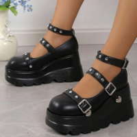 Black Round Toe Studded Gothic Punk Heels - Thumbnail 3