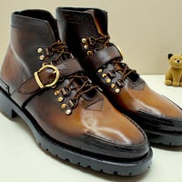 Crafted Leather Men Dress Shoes Brown Patina Leather Ankle High Lace up Monk Strap Boot - Thumbnail 4