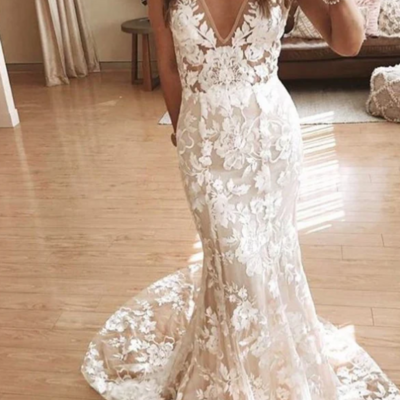 Elegant v neck lace mermaid wedding dresses - Thumbnail 1
