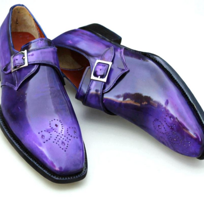 Crafted leather luxury dress shoes classic purple patina leather monk strap