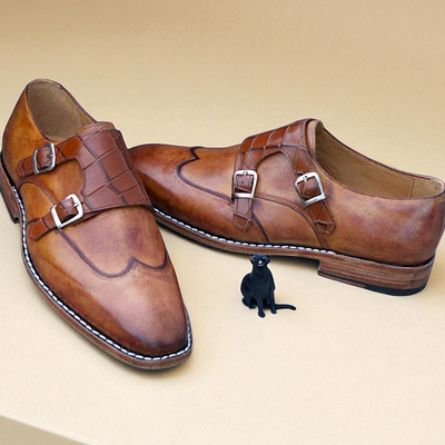 Crafted leather handmade brown leather crocodile alligator monk strap wingtip dress shoes