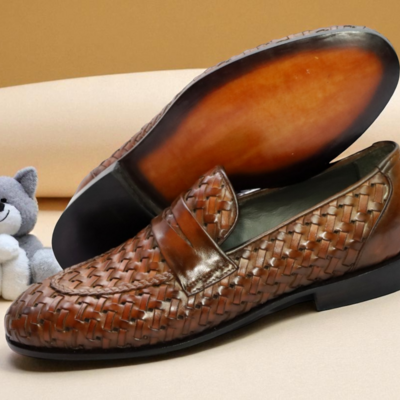Crafted leather handmade men brown woven leather moccasin loafers formal dress shoes