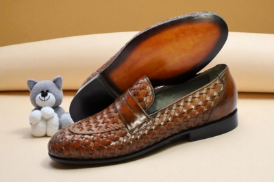 Crafted Leather Handmade Men Brown Woven Leather Moccasin Loafers Formal Dress Shoes