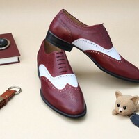 Crafted Leather Burgundy White Leather Oxford Dress Shoes - Thumbnail 2