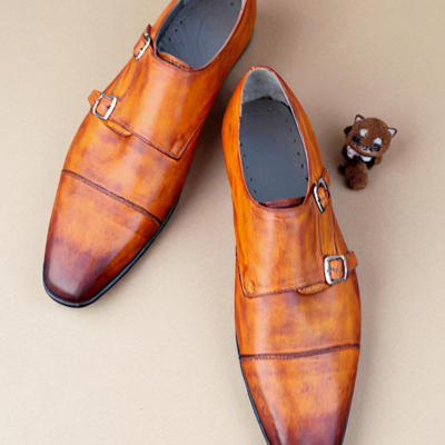 Crafted leather brown leather monk strap dress shoes
