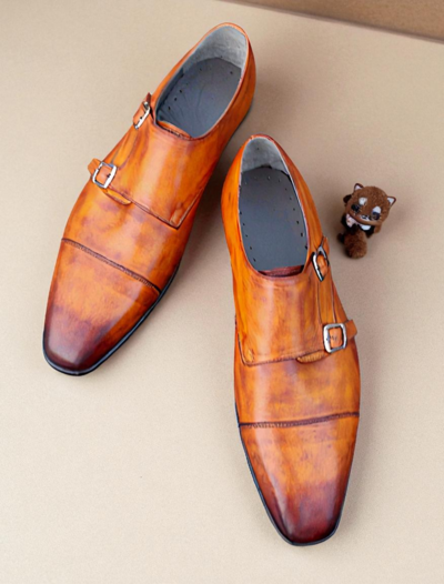 Crafted Leather Brown Leather Monk Strap Dress Shoes