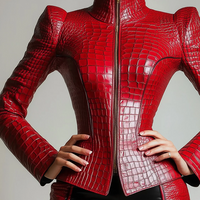  Women Alligator Pattern High Neck Long Sleeve Blouse Vintage Zipper Leather PU Tops High Street Streetwear Jacket - Thumbnail 2