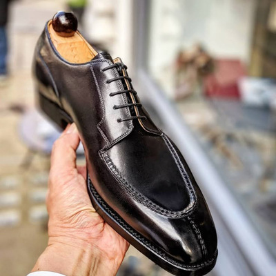 Men's handmade black leather oxford shoes luxury apron toe lace-up dress shoes - Thumbnail 1