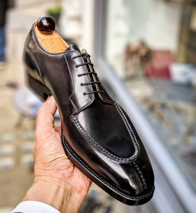 Men's Handmade Black Leather Oxford Shoes Luxury Apron Toe Lace-Up Dress Shoes